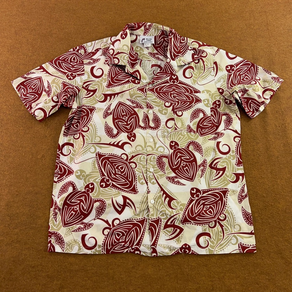 Malihini Hawaii Mens XL Red Tribal Sea Turtle Stingray Cotton Aloha Shirt